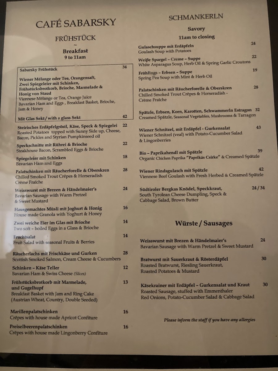 Café Sabarsky Photo Menu 1