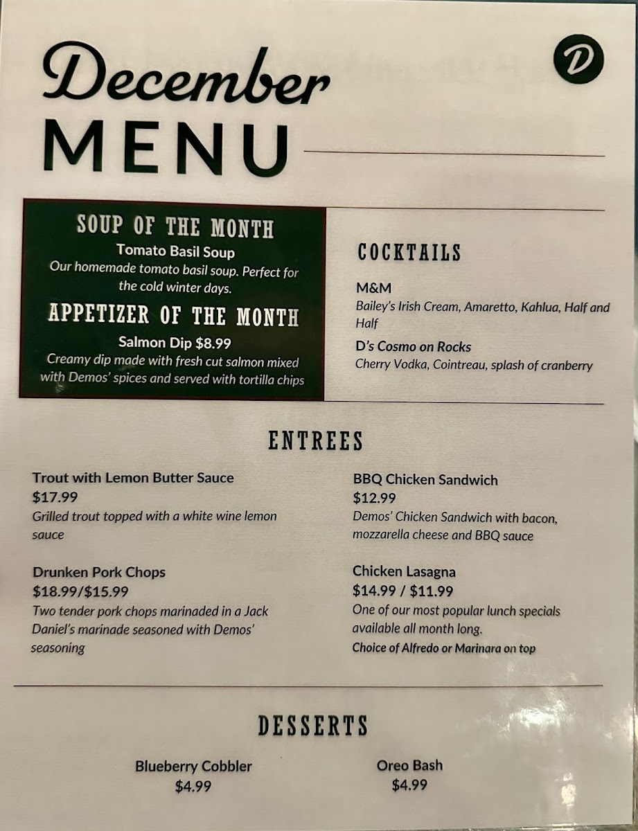 Demos' Restaurant Photo Menu 1
