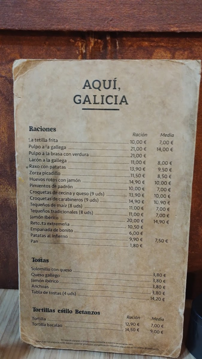 Aquí, Galicia Photo Menu 10