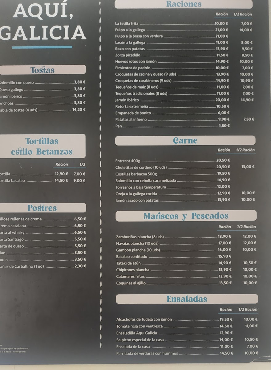 Aquí, Galicia Photo Menu 8